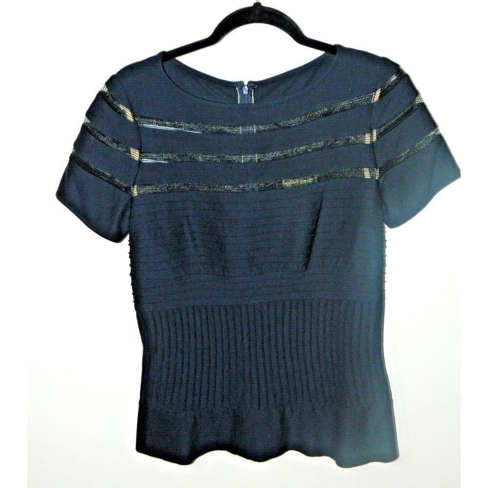 Tadashi Shoji Blouse Size Medium Navy Blue Illusion Style‎ Shirt